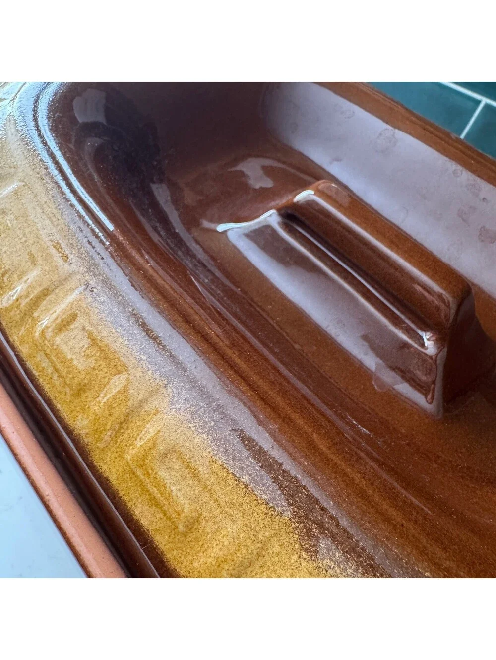 Handmade 5 Qt Glazed Clay Casserole Dish w/ Lid Greek Key Trim Earthy Brown Gold